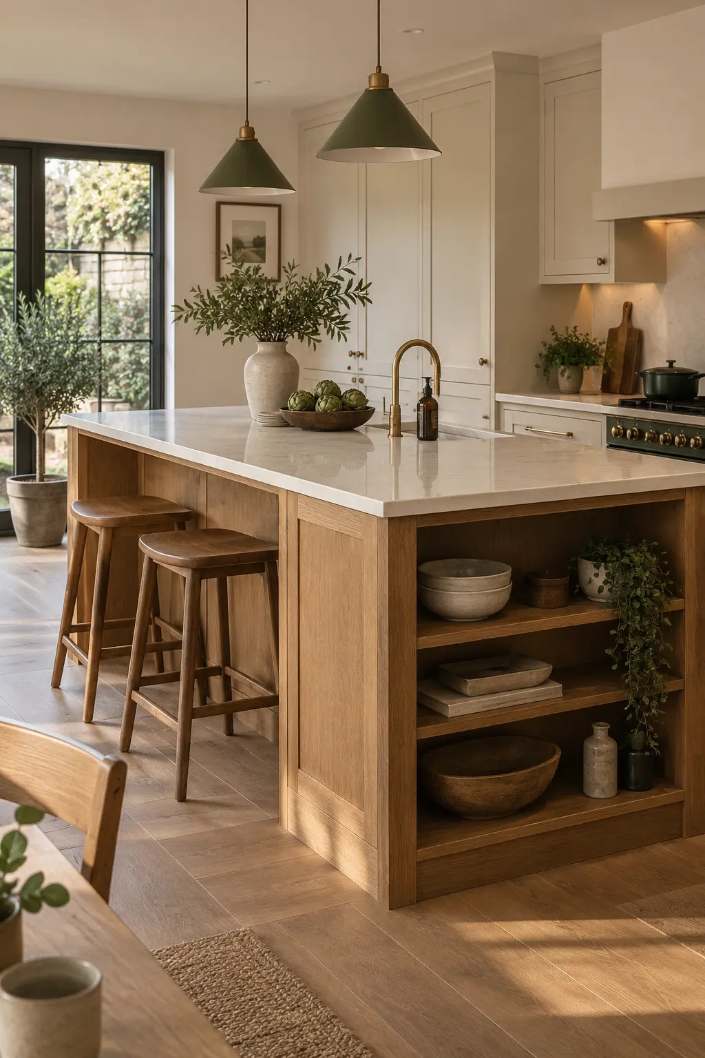 Oak kitchen island with open integrated storage