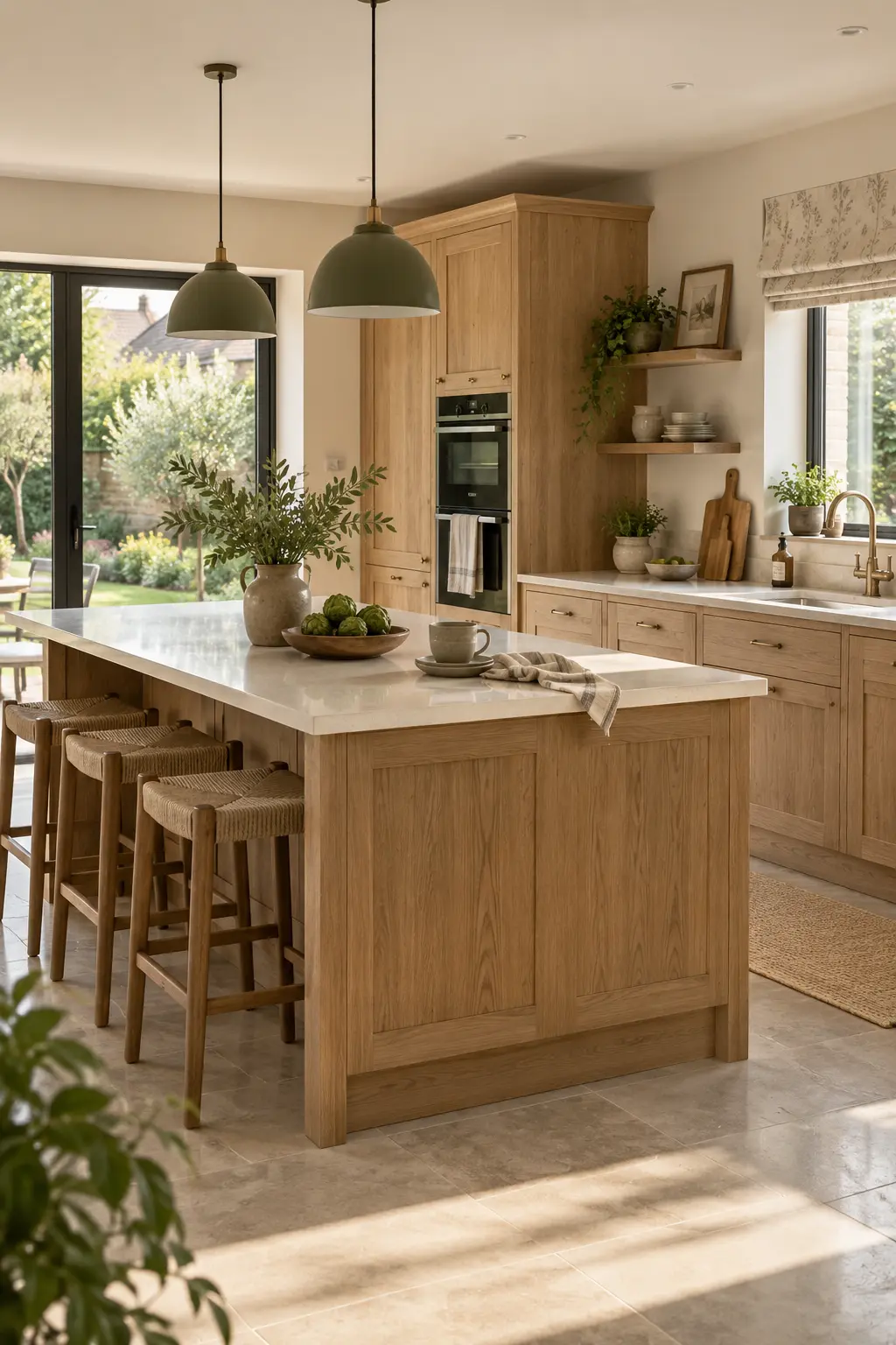 Warm oak kitchen with a quartz island and garden view